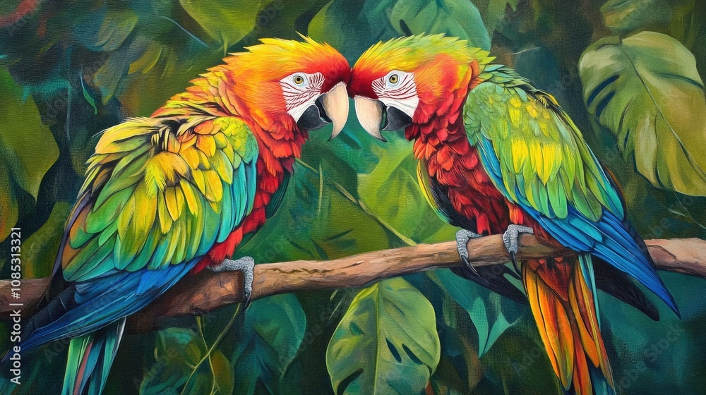 Obraz premium Colorful Parrots Interacting on a Branch in Nature