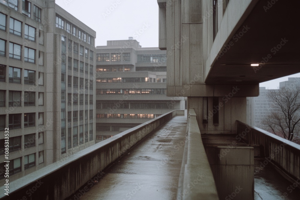 Rain-drenched, gray urban architecture creates a somber yet striking cityscape, epitomizing brutalist design and raw texture. Rain-drenched, gray urban architecture creates a somber yet striking cityscape, epitomizing brutalist design and raw texture.