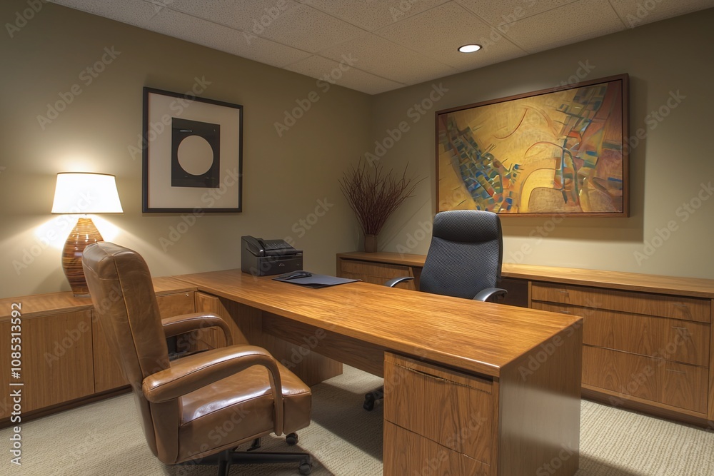 Fototapeta premium Modern Office Interior: Stylish Workspace with Wooden Desk and Art