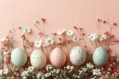 Easter eggs and spring flowers border on pink background for holiday decor and design photo