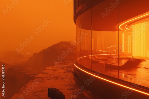 A futuristic building curves sleekly against an orange-hued horizon, the illuminated interior suggesting innovation amid a desolate, rocky terrain. photo