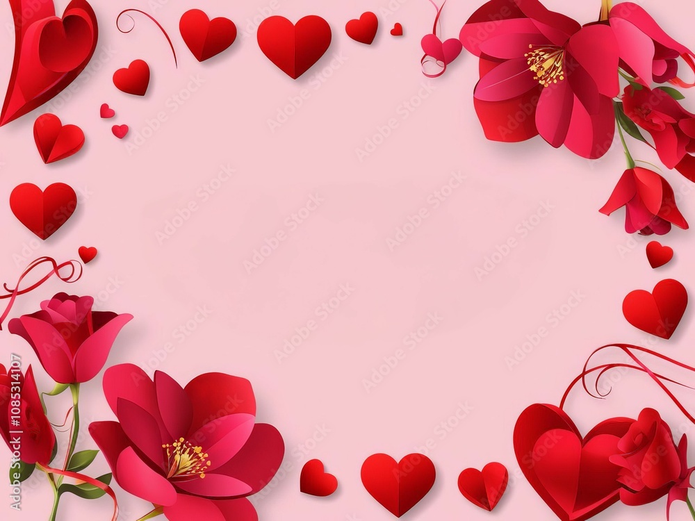 A romantic frame featuring red hearts and flowers on a soft pink background, perfect for love-themed messages or invitations. A romantic frame featuring red hearts and flowers on a soft pink background, perfect for love-themed messages or invitations.