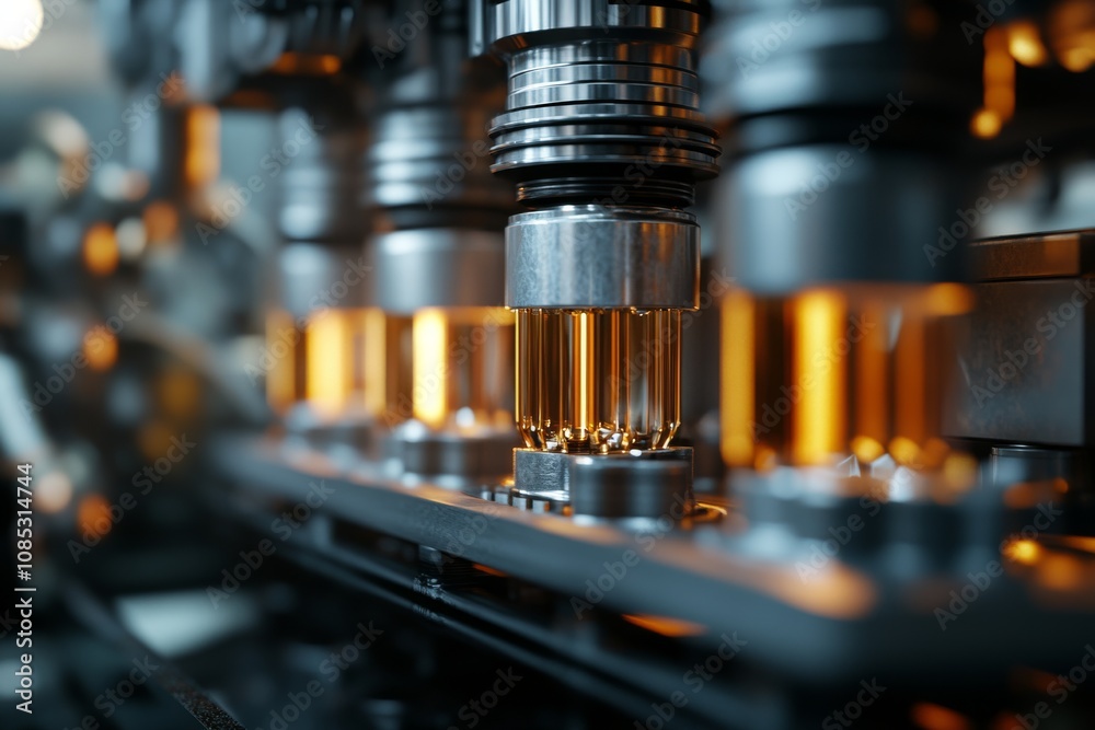 Industrial machinery captures a gleaming row of glass vials, suggesting precision and innovation in manufacturing processes. Industrial machinery captures a gleaming row of glass vials, suggesting precision and innovation in manufacturing processes.