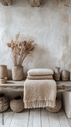 Lightweight shawl drapes elegantly over a rustic shelf, harmonizing with earthy tones and natural textures, surrounded by decorative pottery and a touch of dried florals.