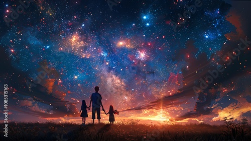 Family watching fireworks under the night sky, waving American flags