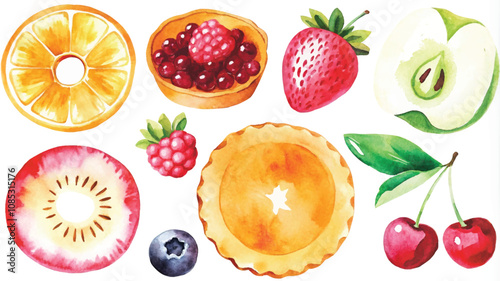 Set of fruit and berry on a white background. Watercolor illustration.