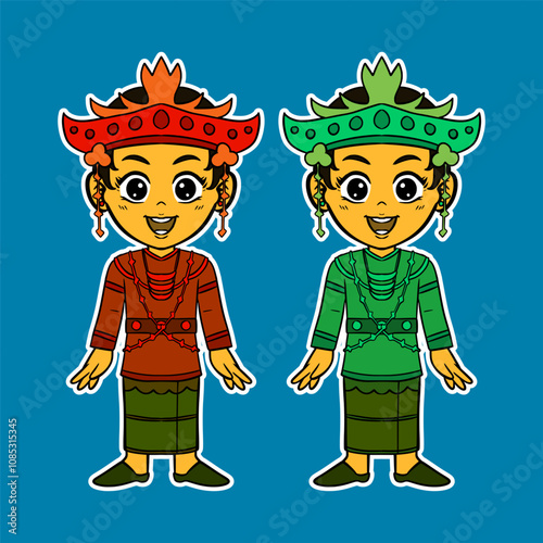 Doodle Sticker Illustration of a Girl Wearing an Indonesian Traditional Dress