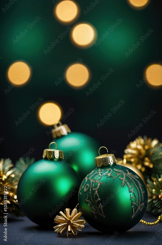 Green Christmas Baubles background, copy space - generative ai Green Christmas Baubles background, copy space - generative ai