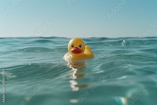 A rubber duck floats gently on sparkling azure waves, embodying the playful freedom and boundless nature of the open sea. photo