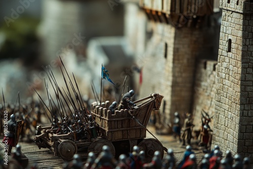 Soldiers in medieval armor push siege towers towards a castle, re-enacting an intense and strategic scene of ancient warfare enthralling in its realism. photo