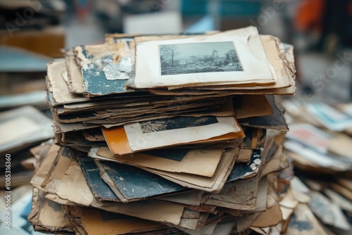 Stack of vintage photos showing urban landscape preserving memories of the past photo