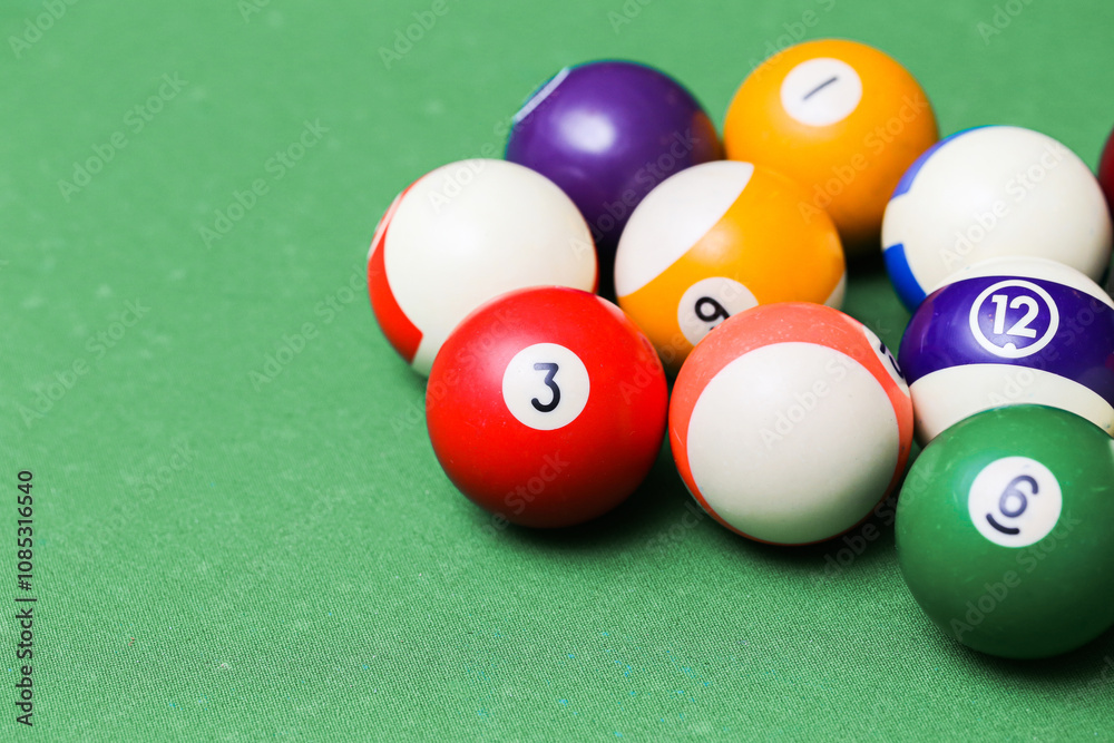 Pool ball game on a green billiard table. Playing snooker and billiards with cue. Numbered ball background. Fun sports environment. Red ball number three. Entertainment backdrop. Pool ball game on a green billiard table. Playing snooker and billiards with cue. Numbered ball background. Fun sports environment. Red ball number three. Entertainment backdrop.