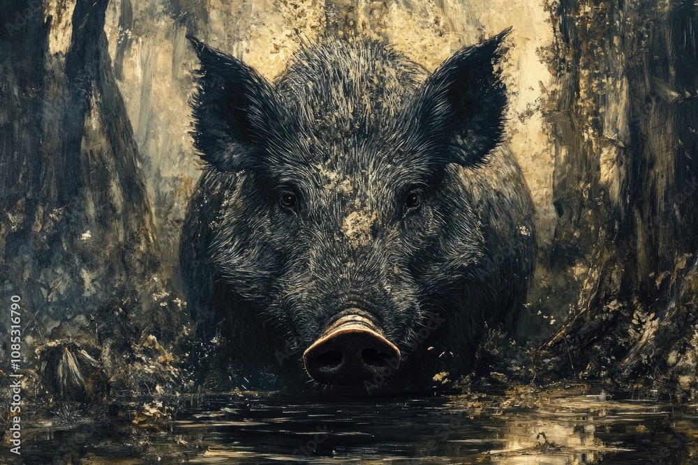 Wild boar walking in muddy water with reeds in background Wild boar walking in muddy water with reeds in background