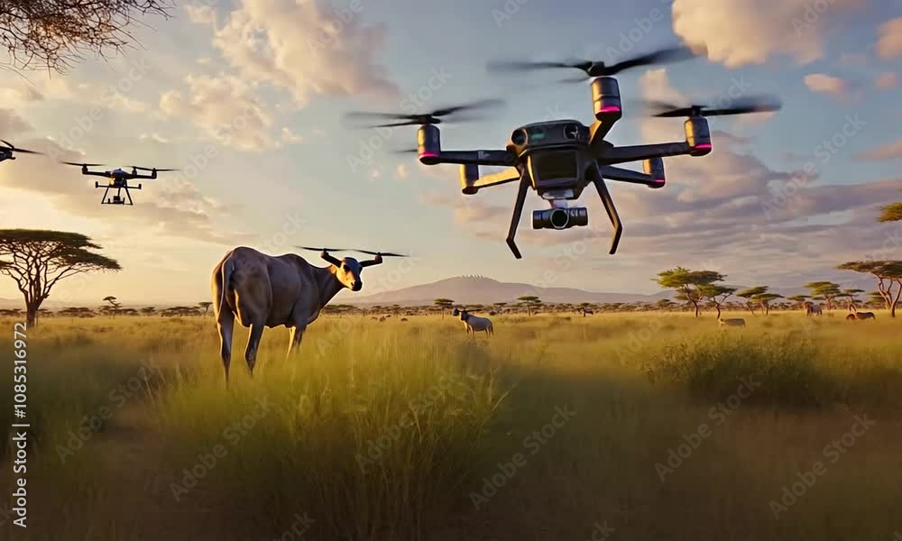 Drones surveying wildlife in the African savanna at sunset.