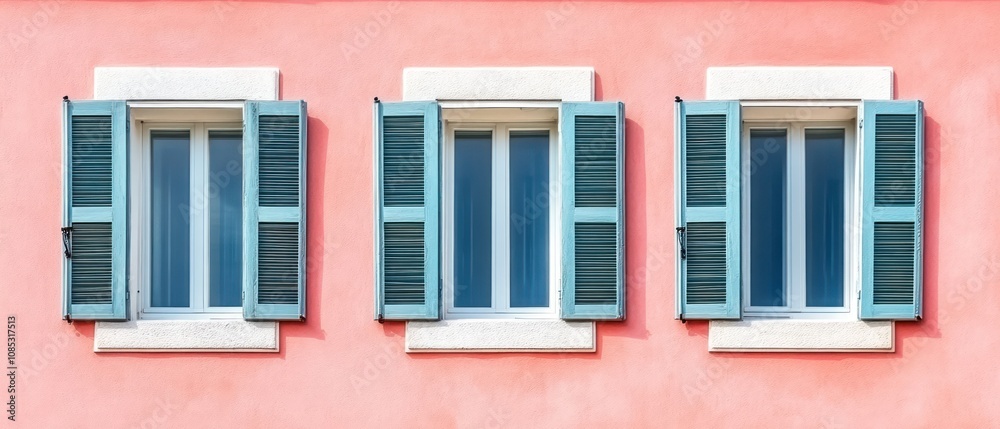 Three Windows with Open Blue Shutters on a Pink Wall Three Windows with Open Blue Shutters on a Pink Wall