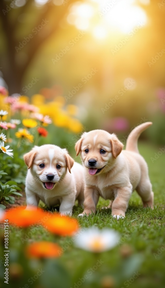 Cute puppies playing in a garden filled with blooming flowers and sunshine. Cute puppies playing in a garden filled with blooming flowers and sunshine.