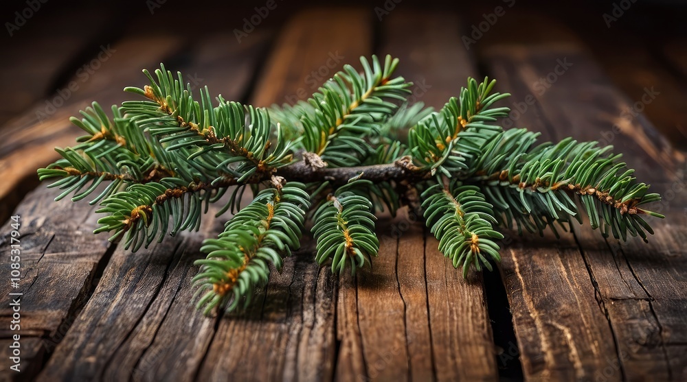 Spruce Tree branch on Wood Background and defocused lights - generative ai Spruce Tree branch on Wood Background and defocused lights - generative ai