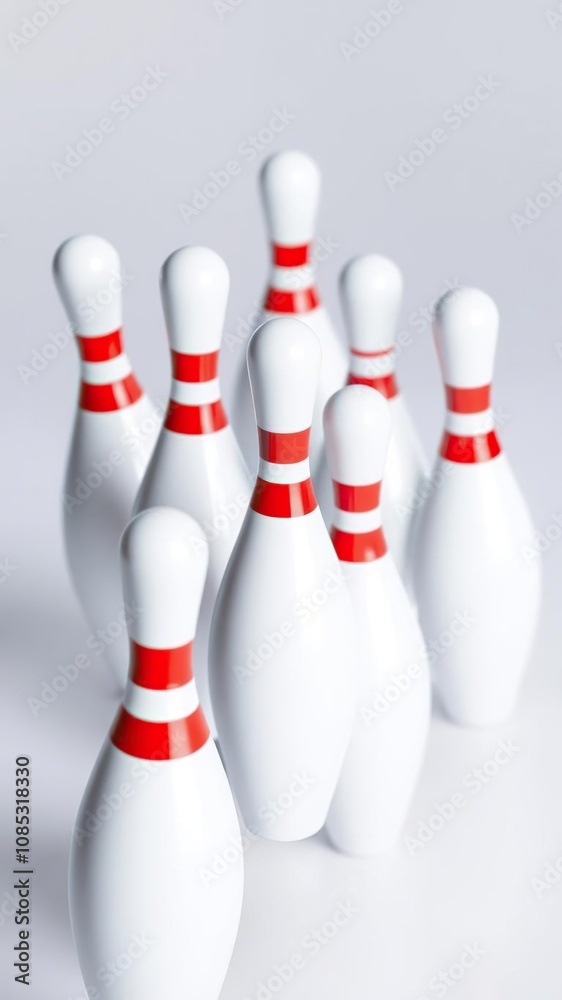 Group of bowling pins skittles with red stripes on clear background, spare, sport Group of bowling pins skittles with red stripes on clear background, spare, sport