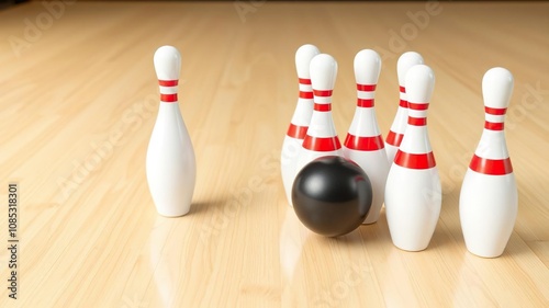 Group of bowling pins skittles with red stripes on clear background, red