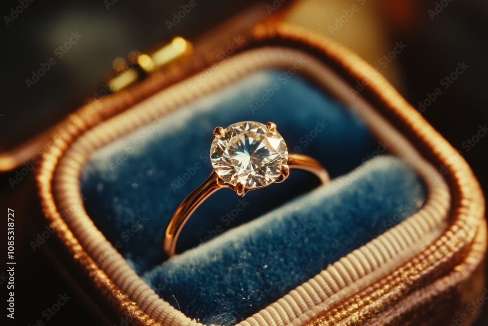 A stunning engagement ring with a brilliant diamond sits in a plush velvet box, showcasing timeless elegance and refined beauty. A stunning engagement ring with a brilliant diamond sits in a plush velvet box, showcasing timeless elegance and refined beauty.