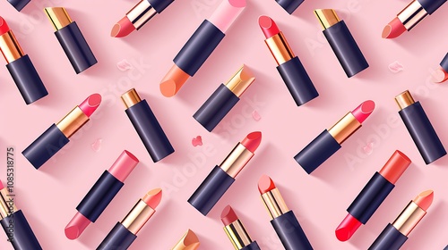 A vibrant arrangement of various lipsticks on a pink background, showcasing beauty products for makeup enthusiasts.