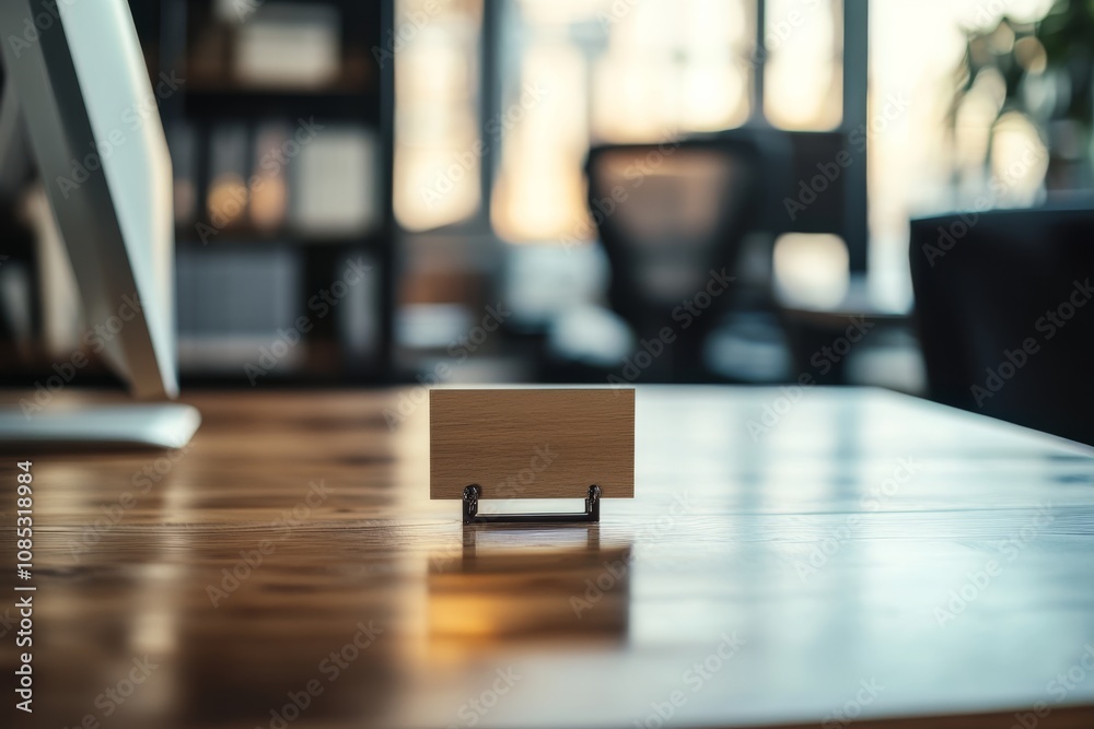 A serene home office with a focus on a small wooden block card holder, gently illuminated by the soft glow of daylight streaming through large windows. A serene home office with a focus on a small wooden block card holder, gently illuminated by the soft glow of daylight streaming through large windows.