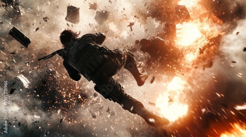 A man is jumping through a fiery explosion in a movie