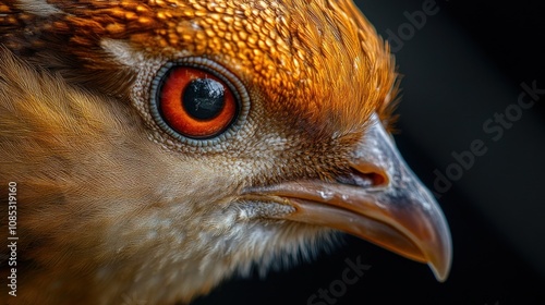 Close-up portrait of a bird with a bright red eye and brown feathers.