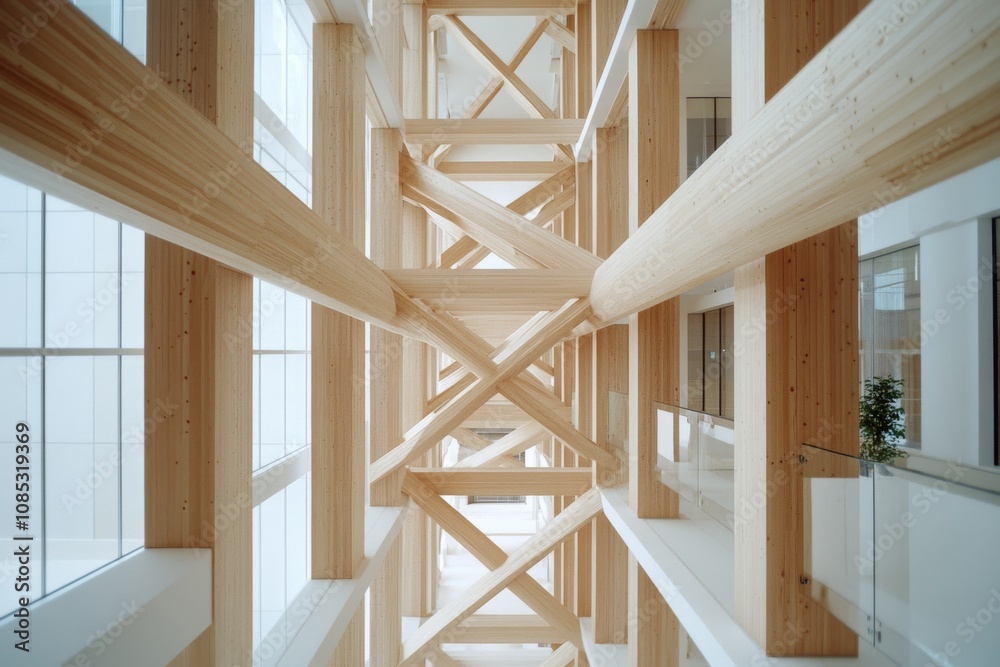 Obraz premium A majestic wooden structure, characterized by crisscrossing beams and large glass panels, forms an airy, sunlit atrium inviting exploration and reflection.