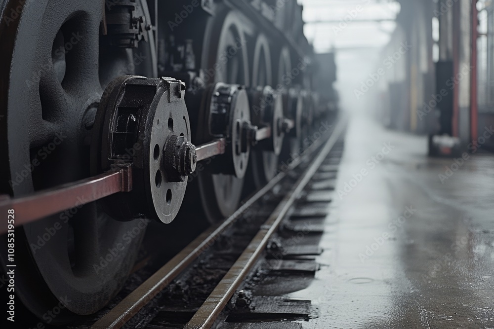 Fototapeta premium A close-up of train wheels gliding on tracks within a misty, industrial train yard, evoking strength and timeless transportation.