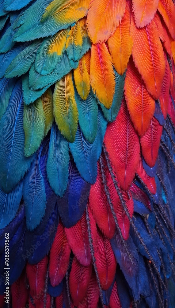 Obraz premium Colorful feather pattern with vibrant hues and detailed textures.