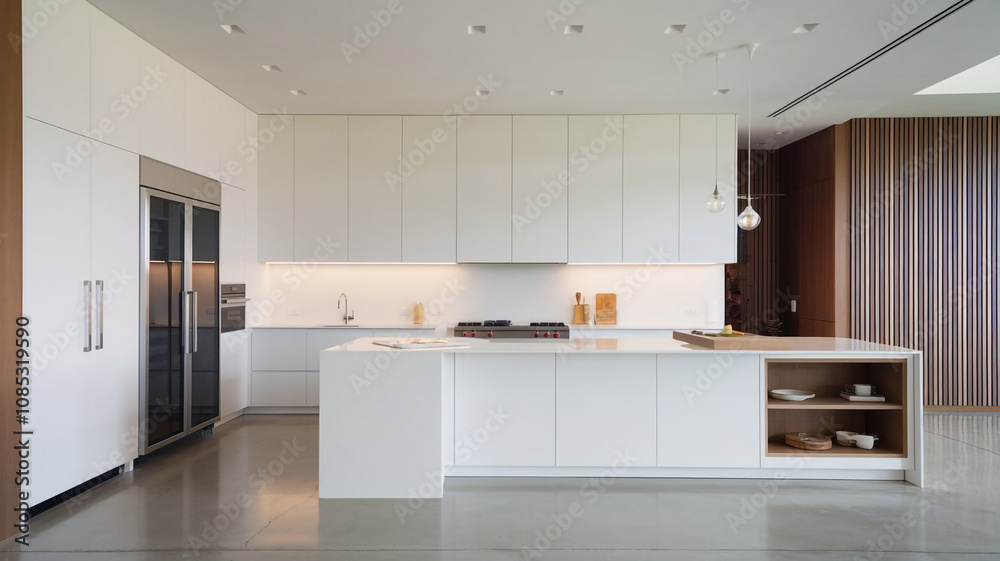 Modern Minimalist Kitchen Interior Design White Cabinets Island Concrete Floor Modern Minimalist Kitchen Interior Design White Cabinets Island Concrete Floor