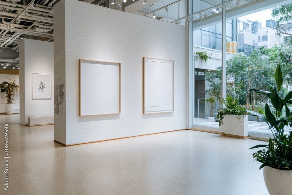 A spacious art gallery with minimalist decor features blank canvases on the wall, accented by abundant natural light and surrounding greenery. A spacious art gallery with minimalist decor features blank canvases on the wall, accented by abundant natural light and surrounding greenery.