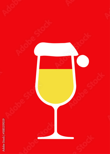 Tiempo de Navidad. Banner vertical con copa de vino o champaña y sombrero de Santa Claus para fondo de tarjetas y felicitaciones