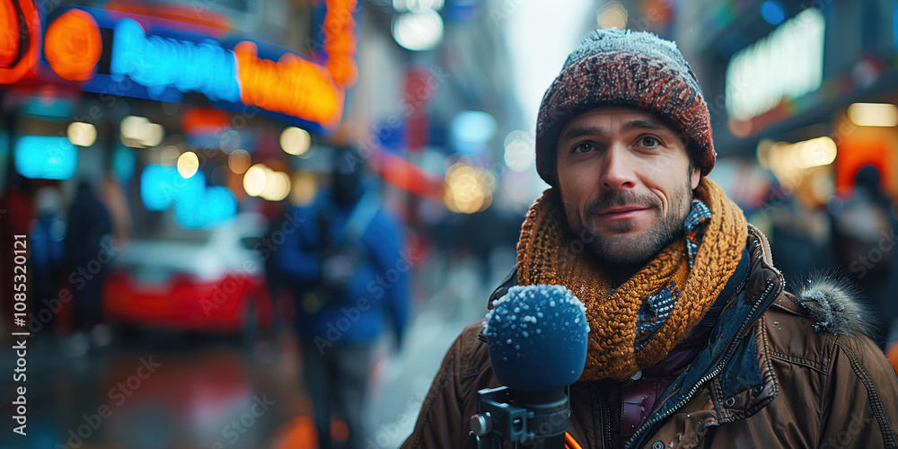 A male journalist on the street in the city takes an interview with a microphone, live broadcast, blurred background of buildings.