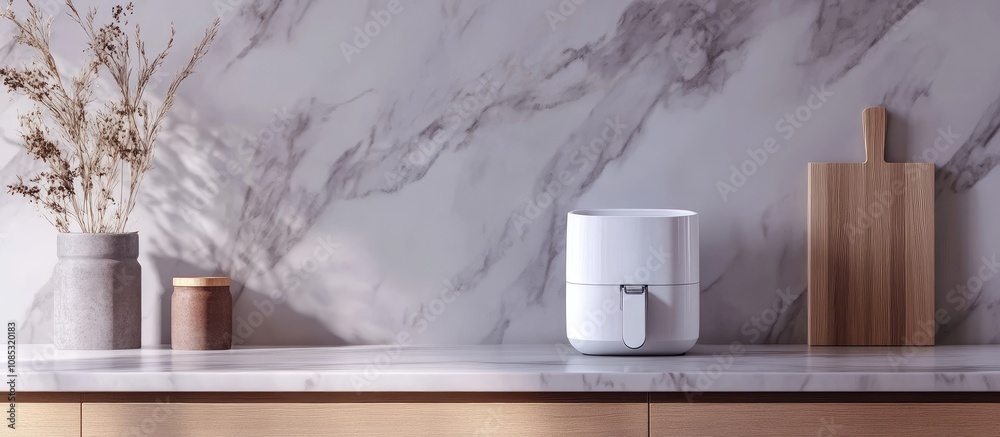 Stylish air fryer on a marble kitchen counter, close-up, clean background Stylish air fryer on a marble kitchen counter, close-up, clean background