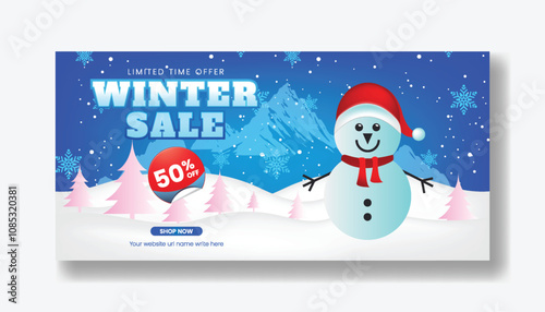 Winter sale promotion horizontal banner and Christmas banner , social media cover header, banner  for winter discount offer with 3d snowman winter background