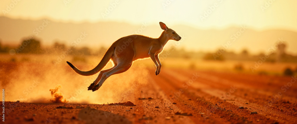 Kangaroo leaping across dusty outback at golden sunset Kangaroo leaping across dusty outback at golden sunset