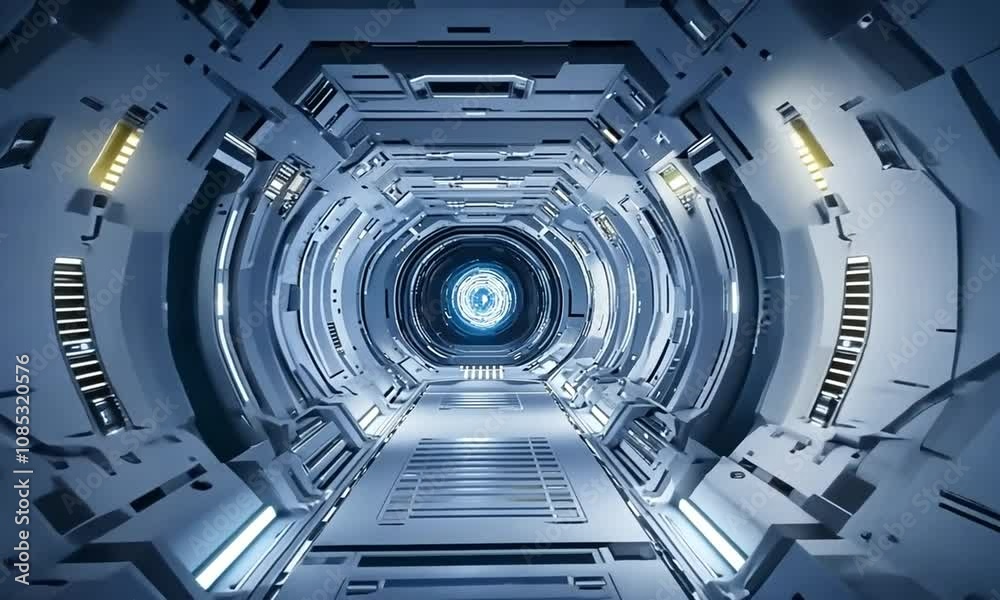 Futuristic spaceship corridor with glowing blue panels and a distant light source. Futuristic spaceship corridor with glowing blue panels and a distant light source.