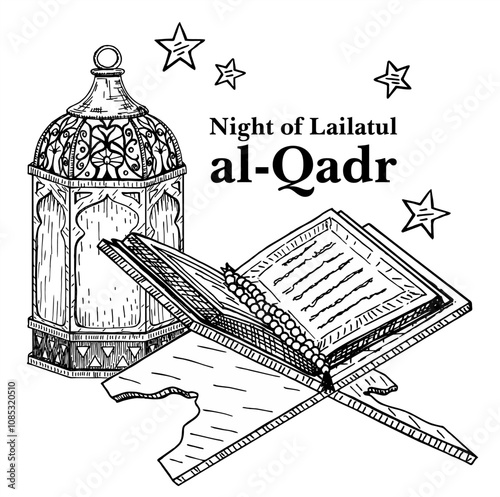 Laylat Al Qadr celebration. Hand Drawn sketch of Holy book of the Koran on the stand describe the Night of Lailatul Qadr for Ramadan Kareem, Eid al Fitr and Eid Al Adha Celebrating.