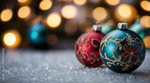 Christmas holiday elegant baubles and ribbon against a defocused Christmas lights background - generative ai