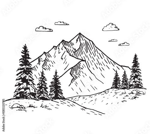 Mountain peak sketch with pine forest, engraving style, hand drawn illustration. Mountain peak icon logo design minimalist. Mountain landscape, travel