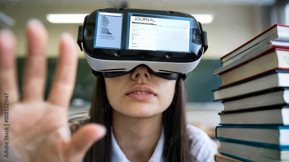 A student wearing a VR headset in a classroom, engaging with virtual learning. A student wearing a VR headset in a classroom, engaging with virtual learning.