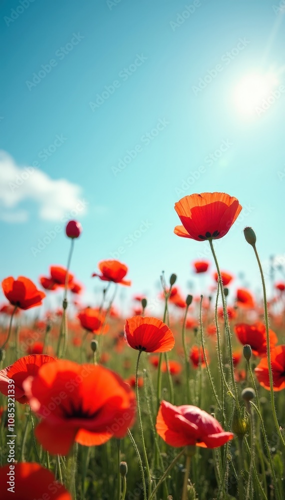 Obraz premium Serene field of poppies swaying gently under a bright blue sky.
