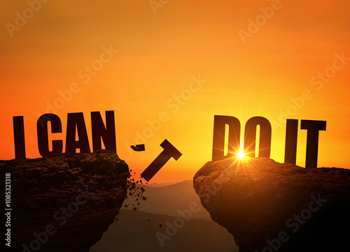 Concept I can't do it and I can do it. I can't the letter t falls into the abyss, creative idea. Two rocks at sunset