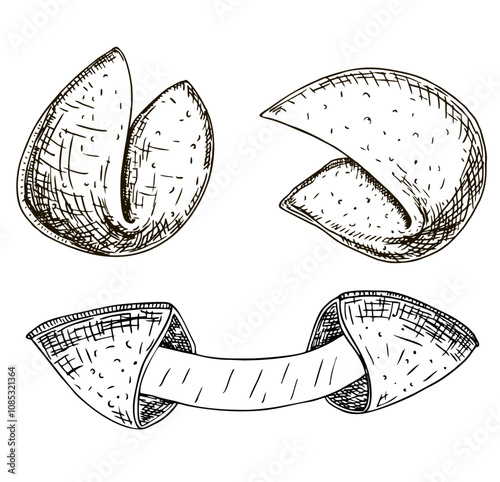 Hand drawn chinese fortune cookie isolated on white backgrounds. Illustration crispy biscuit treat set. Crisp cookie with a blank piece of paper inside. For print, web, design, decor, logo
