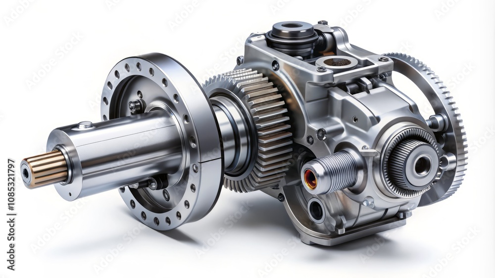 Detailed Portrait of Electric Power Steering and Worm Gear Transmission Mechanism Isolated on White Background for Automotive Parts Showcase and Technical Illustration Detailed Portrait of Electric Power Steering and Worm Gear Transmission Mechanism Isolated on White Background for Automotive Parts Showcase and Technical Illustration