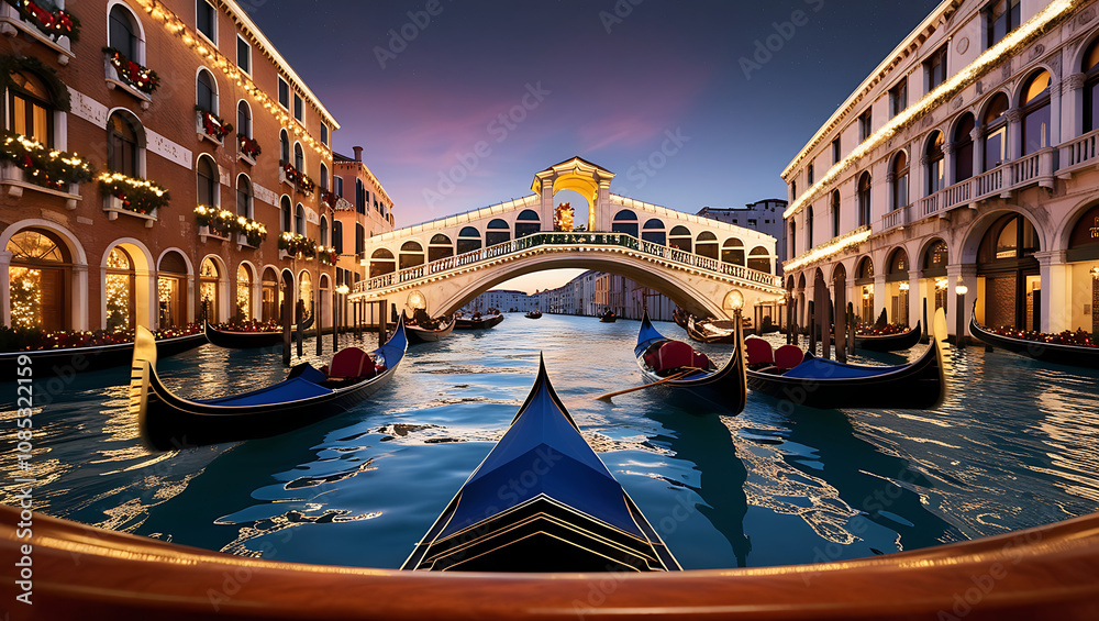 Fototapeta premium Gondolas on canal at sunset, under Rialto Bridge, Venice.