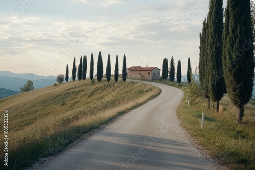 A winding road leads to a secluded villa, flanked by tall, slender trees on a gentle hill, exuding tranquility under a vast, open sky.