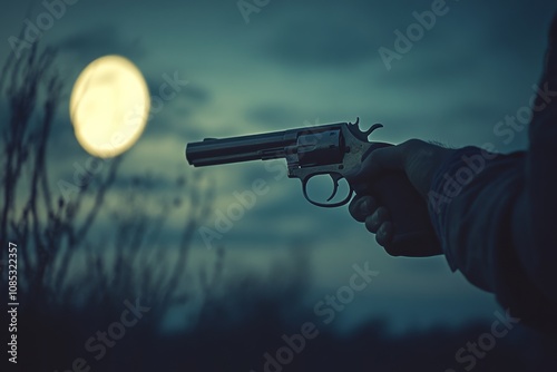 A silhouette of a hand holding a revolver against the backdrop of a full moon, creating a dramatic night scene.